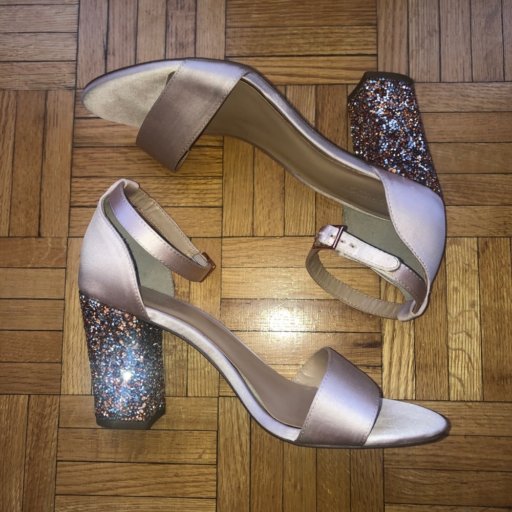 Expression Heels with a Glitter-Embellished Block Heel and satin finish upper.